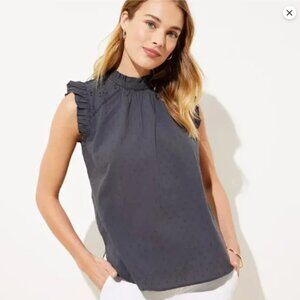 NWT LOFT Cotton Gray Textured Sleeveless Blouse Ruffles Eyelet Large L